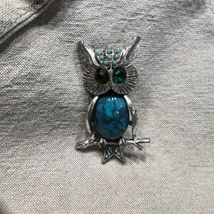 Vintage Silver Tone Faux Turquoise Owl Pendant with Bright Green Rhinestone Eyes